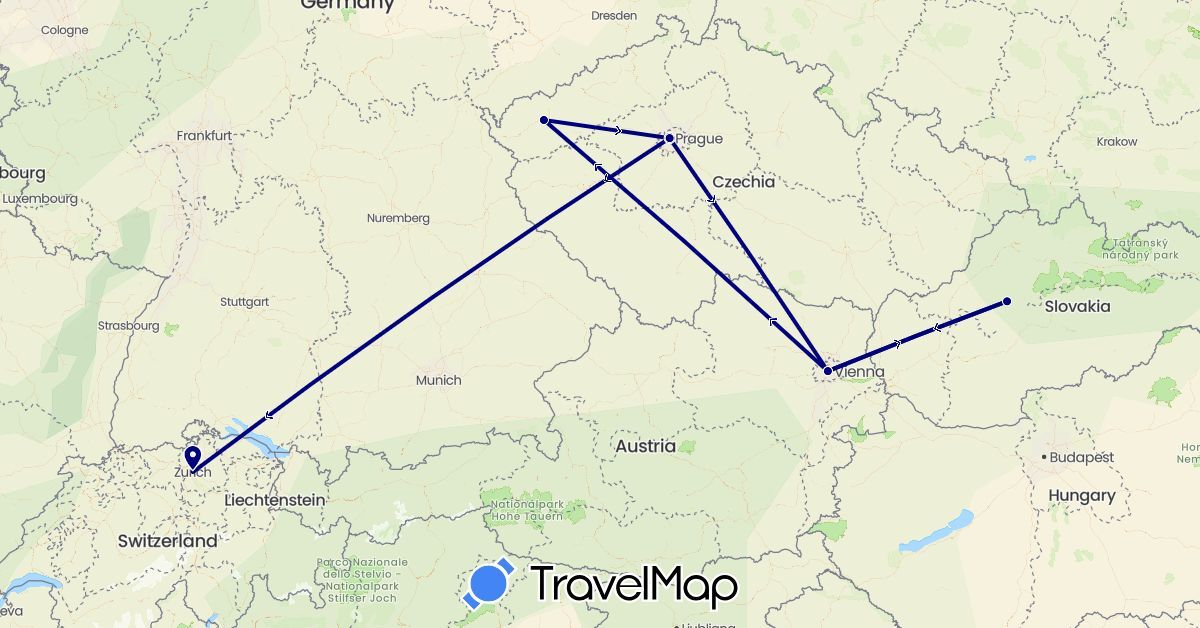 TravelMap itinerary: driving in Austria, Switzerland, Czech Republic, Slovakia (Europe)